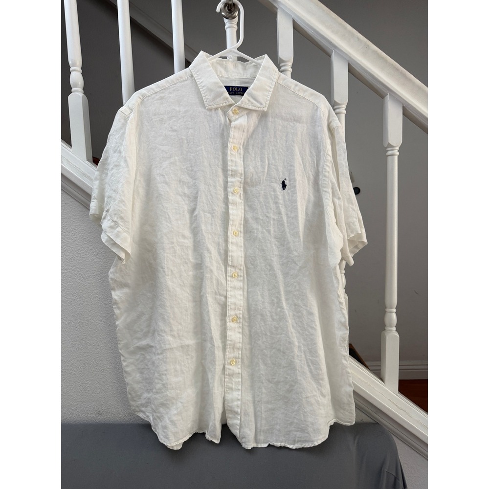 Polo Ralph Lauren Mens XL White Linen Short Sleeve Button Down Shirt Pony Logo